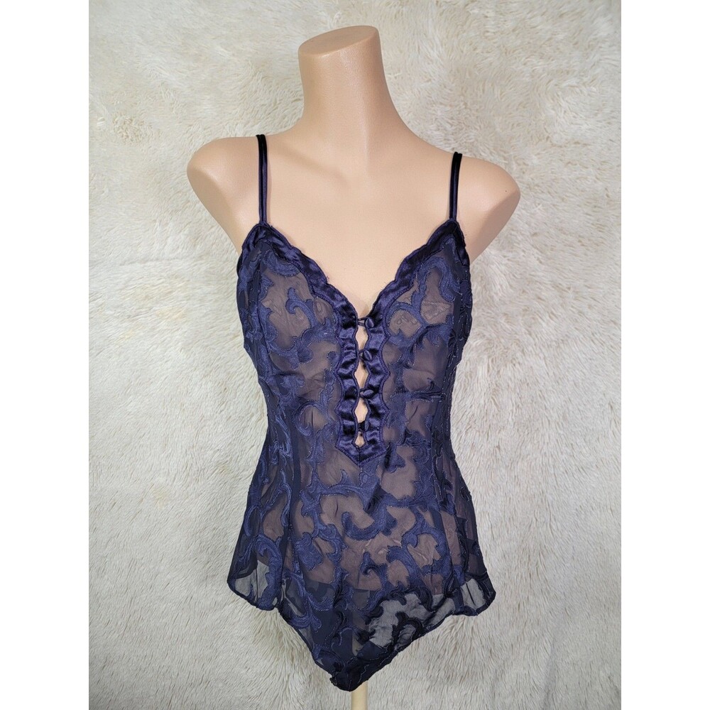 VTG Victoria’s Secret Size S Gold Label Semi Sheer Teddy Romper Playsuit Navy I